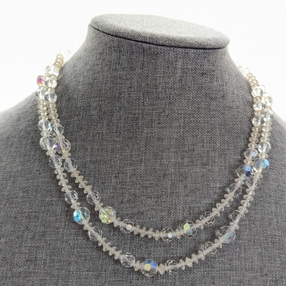 Vintage Signed Lisner Aurora Borealis AB Clear Crystal Double Strand Necklace